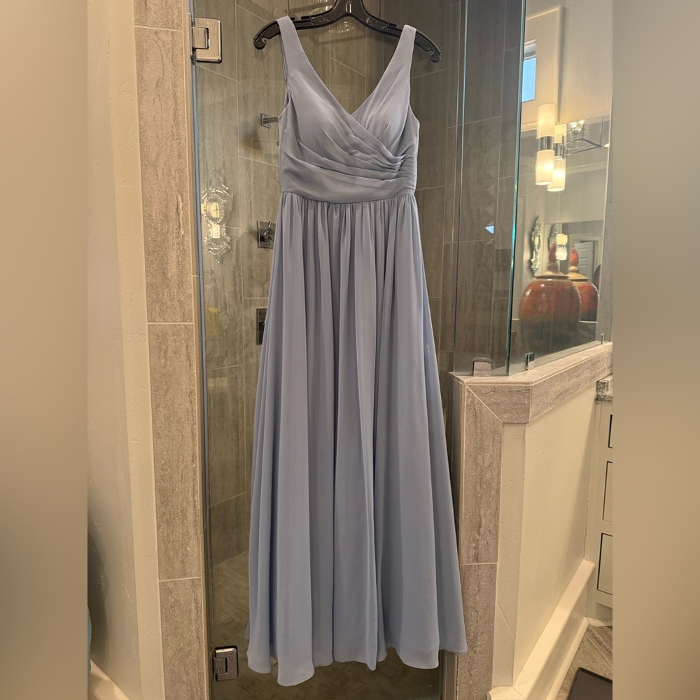 Azazie Chiffon V-Neck Pleated Floor-Length Gown - Dusty Blue